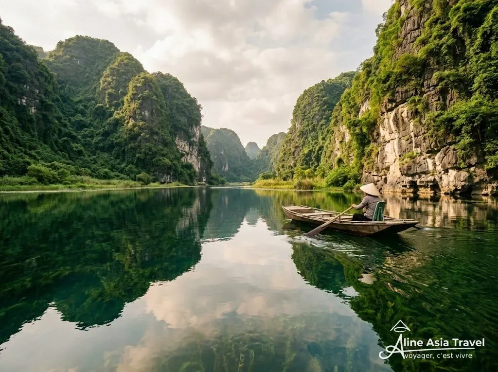 Barque entre les falaises de Trang An