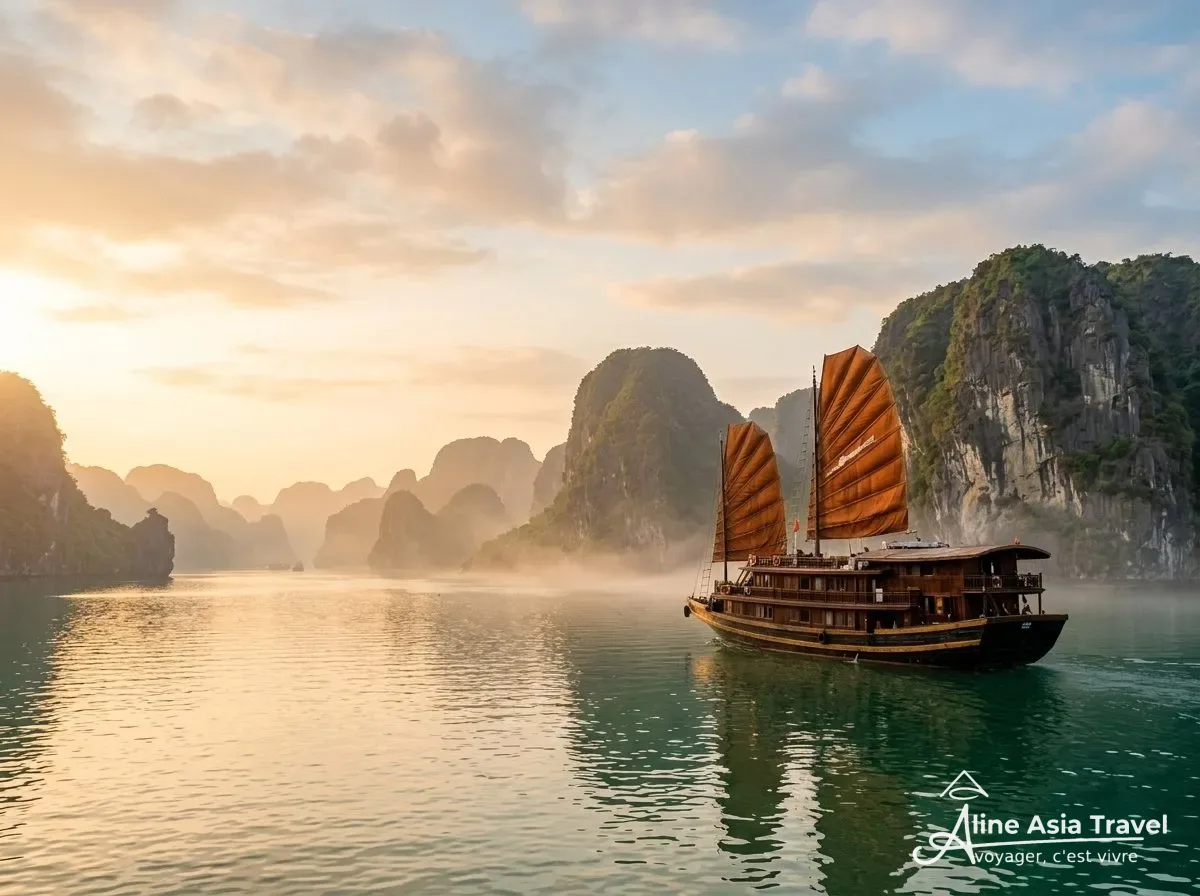 Jonque au lever du soleil dans la baie d’Ha Long
